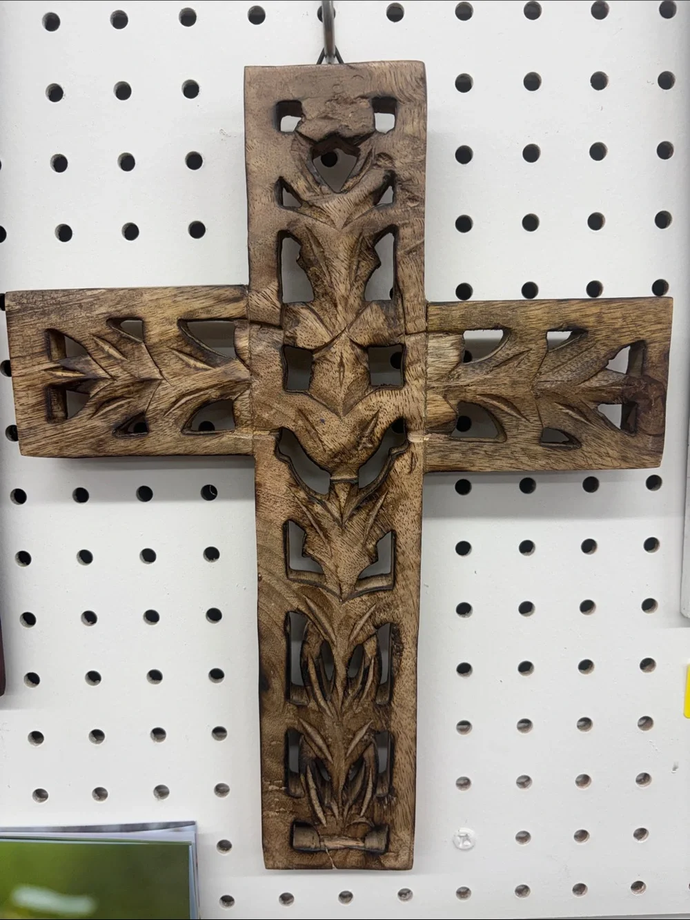Hand-Carved Wooden Cross Wall Accent in Brown